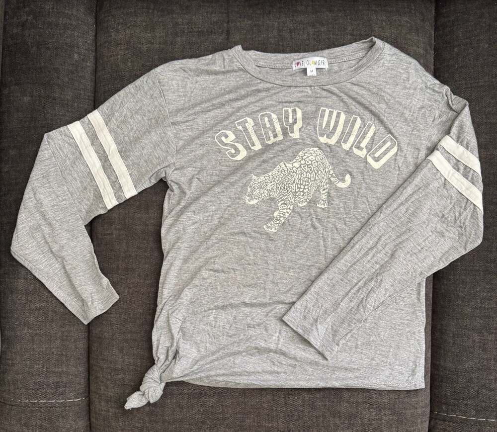 Love Glam Girl Varsity Long Sleeve Stay Wild Graphic Tee with Side Tie